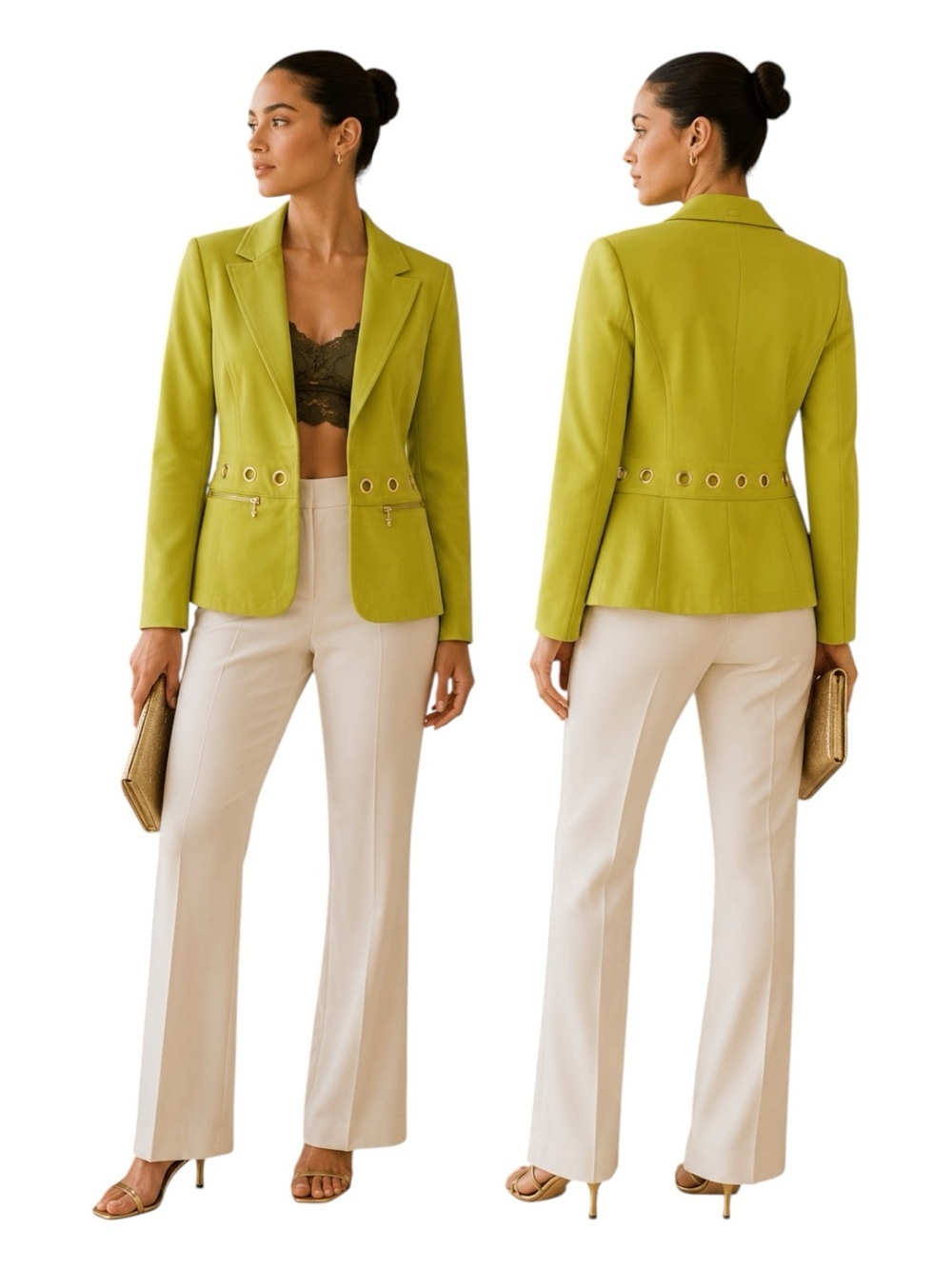 Vintage St. John Chartreuse Blazer Chrome Grommet Detail | Retro Mod Luxury - Picture 4 of 9